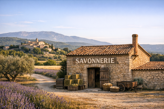 Traditional stone soap factory building in Provence with lavender fields, olive trees and rolling hills in the background
